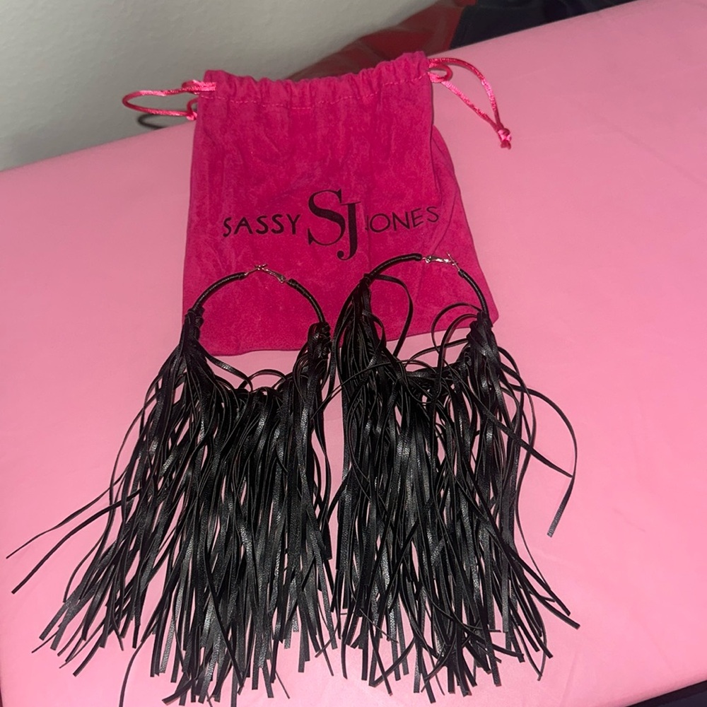 Sassy Jones fringe hoop earrings in black leather